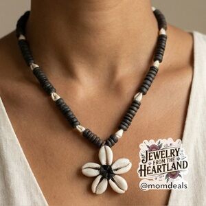 Hawaiian Shell Cowrie Flower Natural Necklace Wooden Beads White Black Handmade